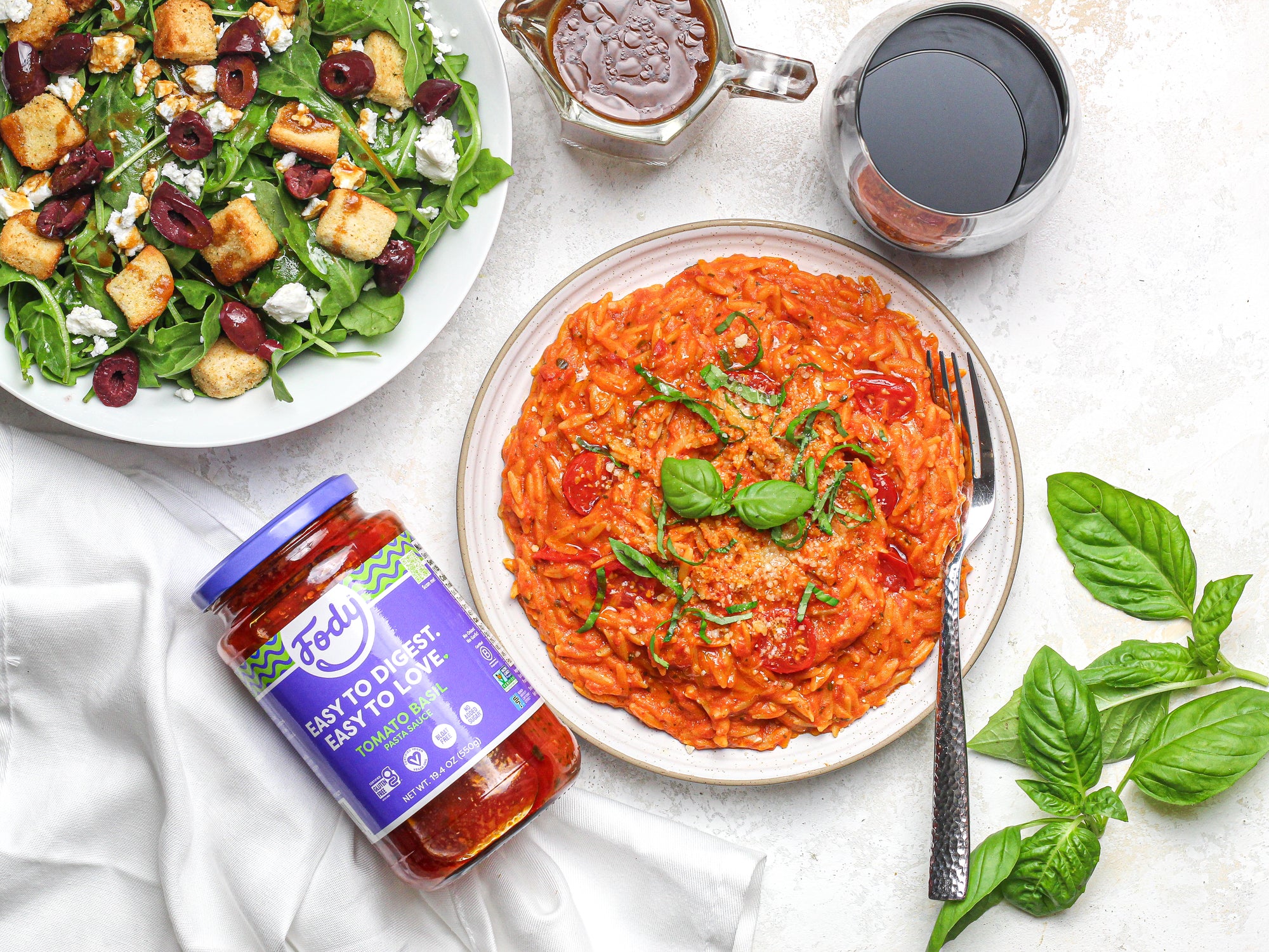 Fody’s Creamy One-Pot Pumpkin Orzo with Goat Cheese & Olive Salad