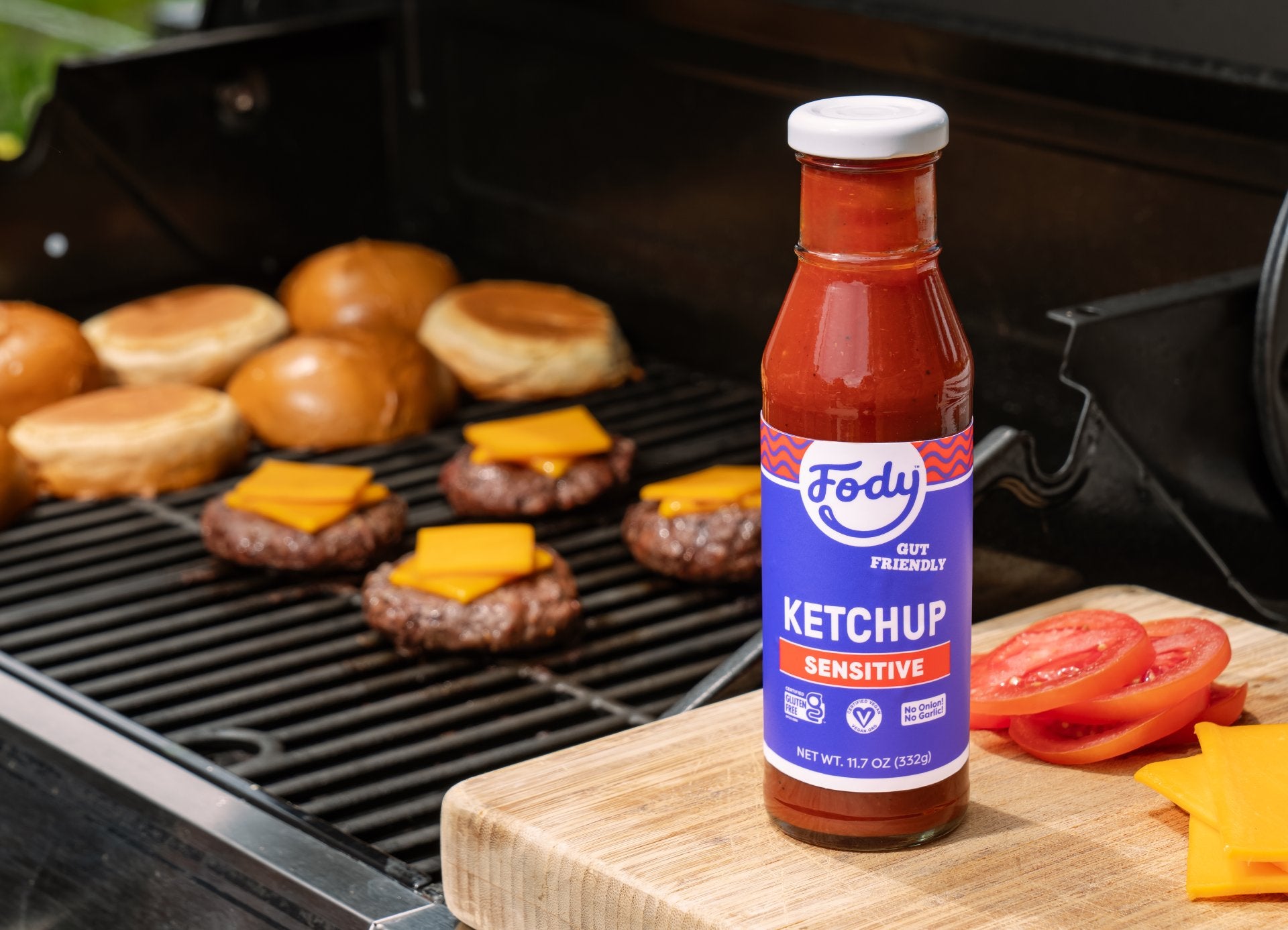 Gut Friendly Ketchup on a cutting board for a BBQ
