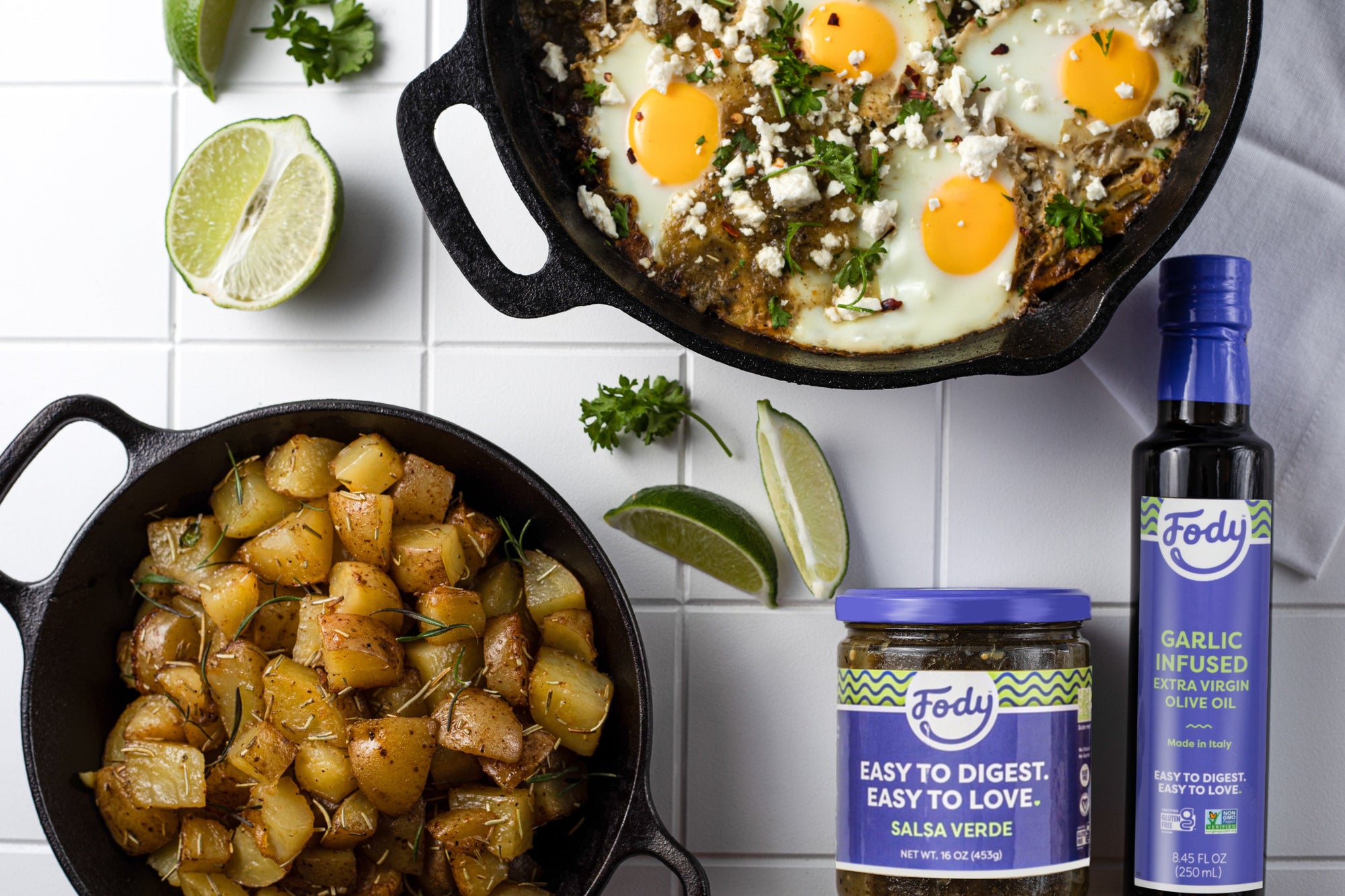 Fody's Skillet Salsa Verde Shakshuka with Roasted Herbed Potatoes