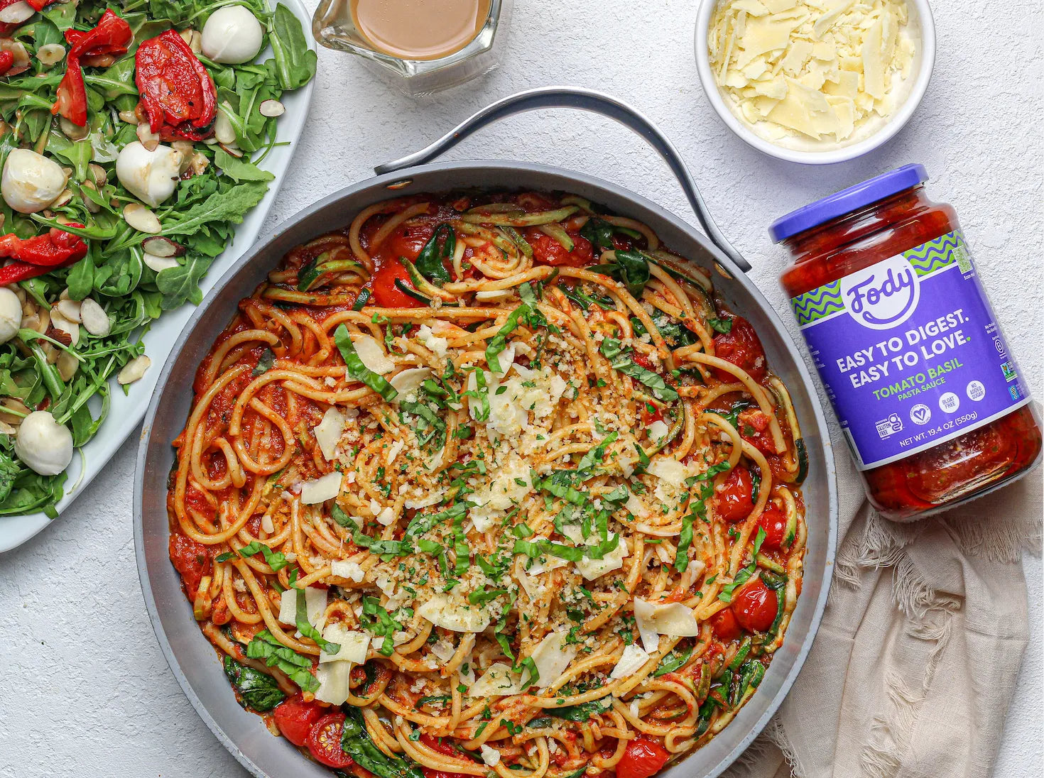 Fody's Tomato Basil Zoodle Spaghetti & Arugula Roasted Pepper Salad wi