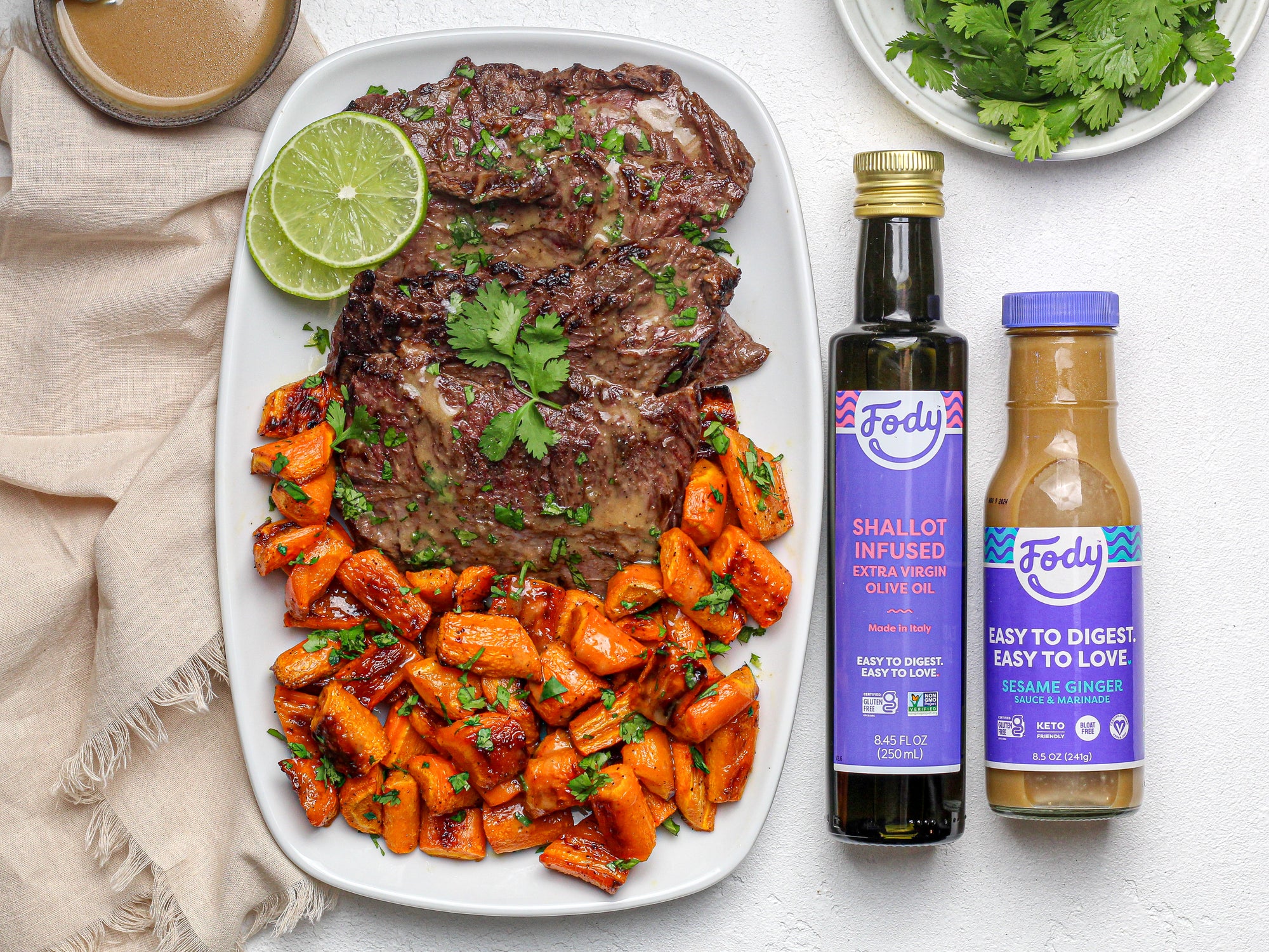 Fody’s Sesame Ginger Skirt Steak with Herb-Roasted Carrots