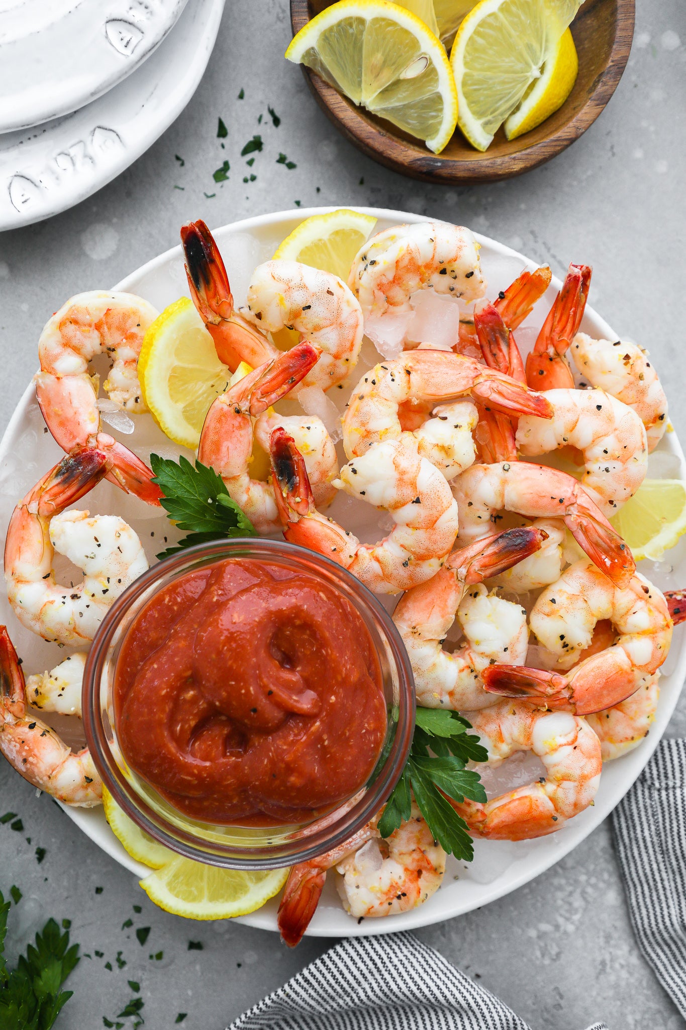 Shrimp arranged on a plate with Fody's homemade cocktail sauce