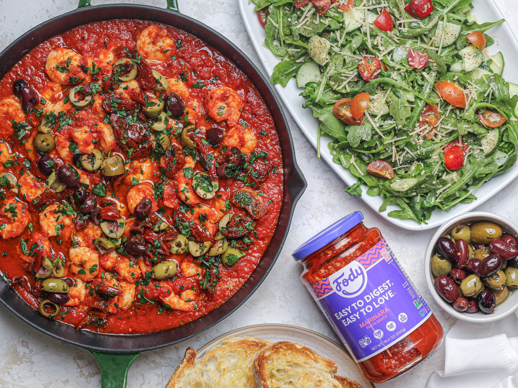 Fody’s Spicy Shrimp Marinara & Salad with Lemon Basil Vinaigrette