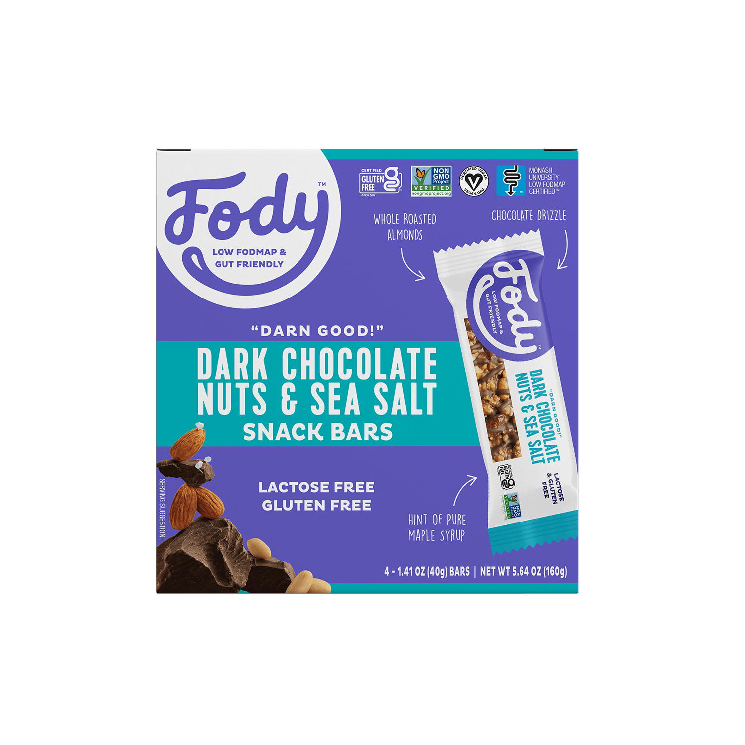 Fody Food Low FODMAP Dark Chocolate Nuts & Sea Salt Bars (Box of 4)