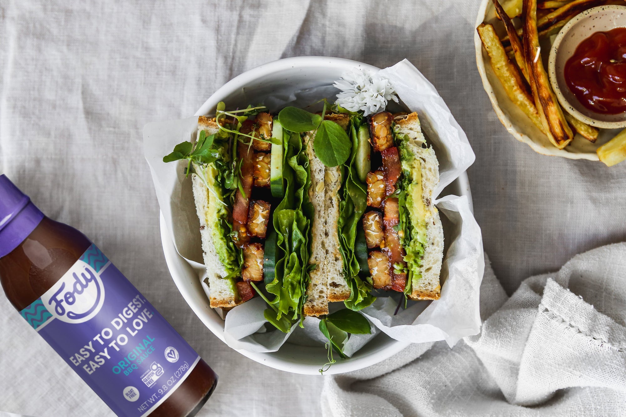 Fody's BBQ Tempeh Sandwich with Parsnip Fries