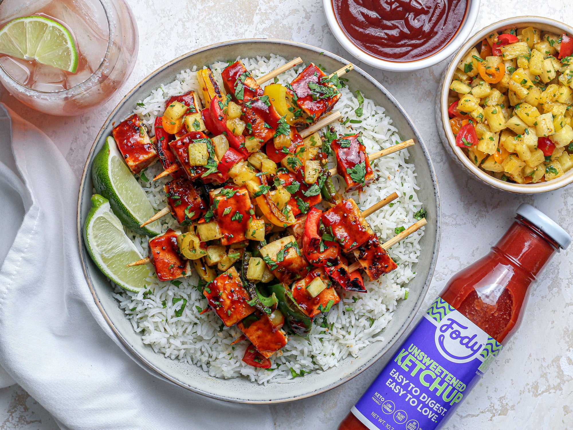 Fody's BBQ Tofu Skewers with Pineapple Salsa & Cilantro Lime Rice