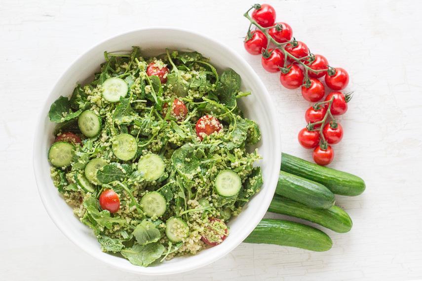 Low FODMAP Vegan Quinoa & Low FODMAP Salad with Cilantro Pesto