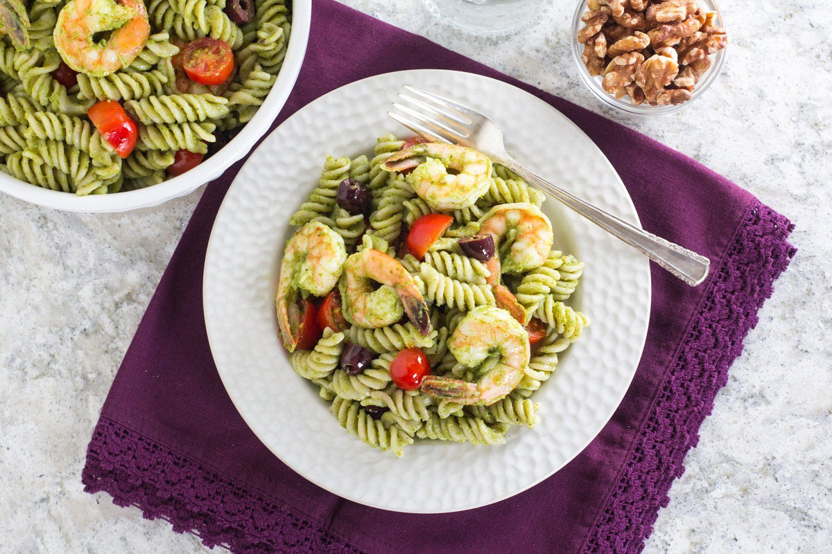 Walnut Pesto Low FODMAP Pasta with Shrimp Fody Foods Co. FODY Food