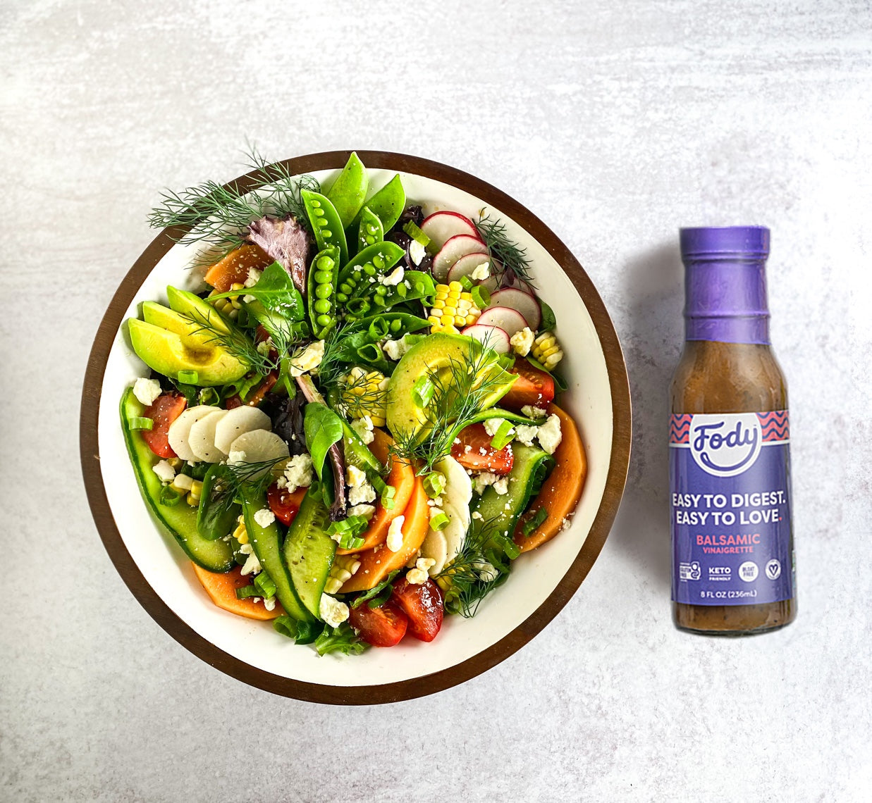 Low FODMAP house salad with Fody Balsamic Vinaigrette