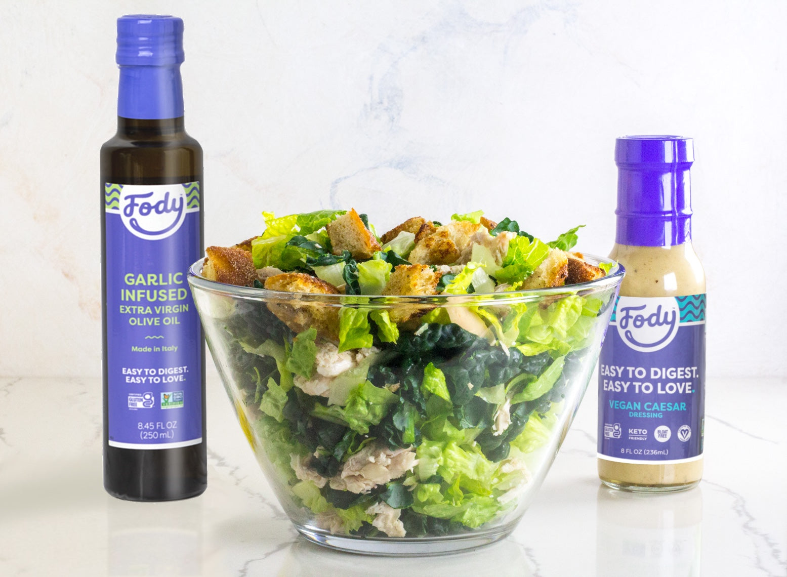 Low FODMAP Kale Caesar Salad with Chicken and Croutons