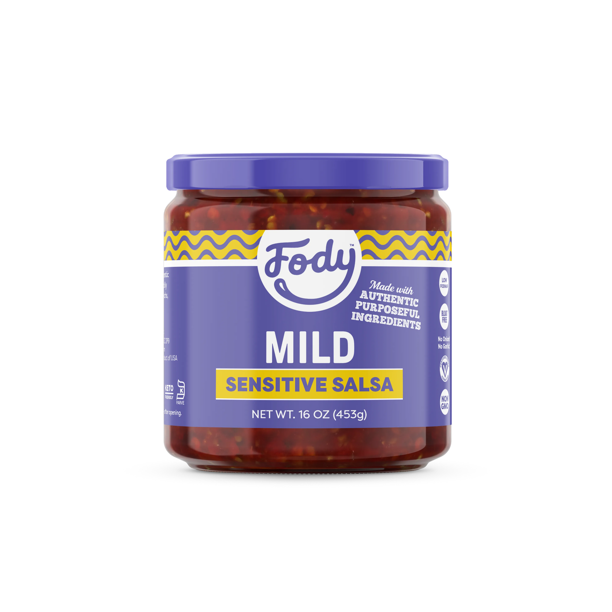 Jar of Fody Mild Sensitive Salsa with purple label, made from authentic ingredients and part of the Fody Low FODMAP gut-friendly range.