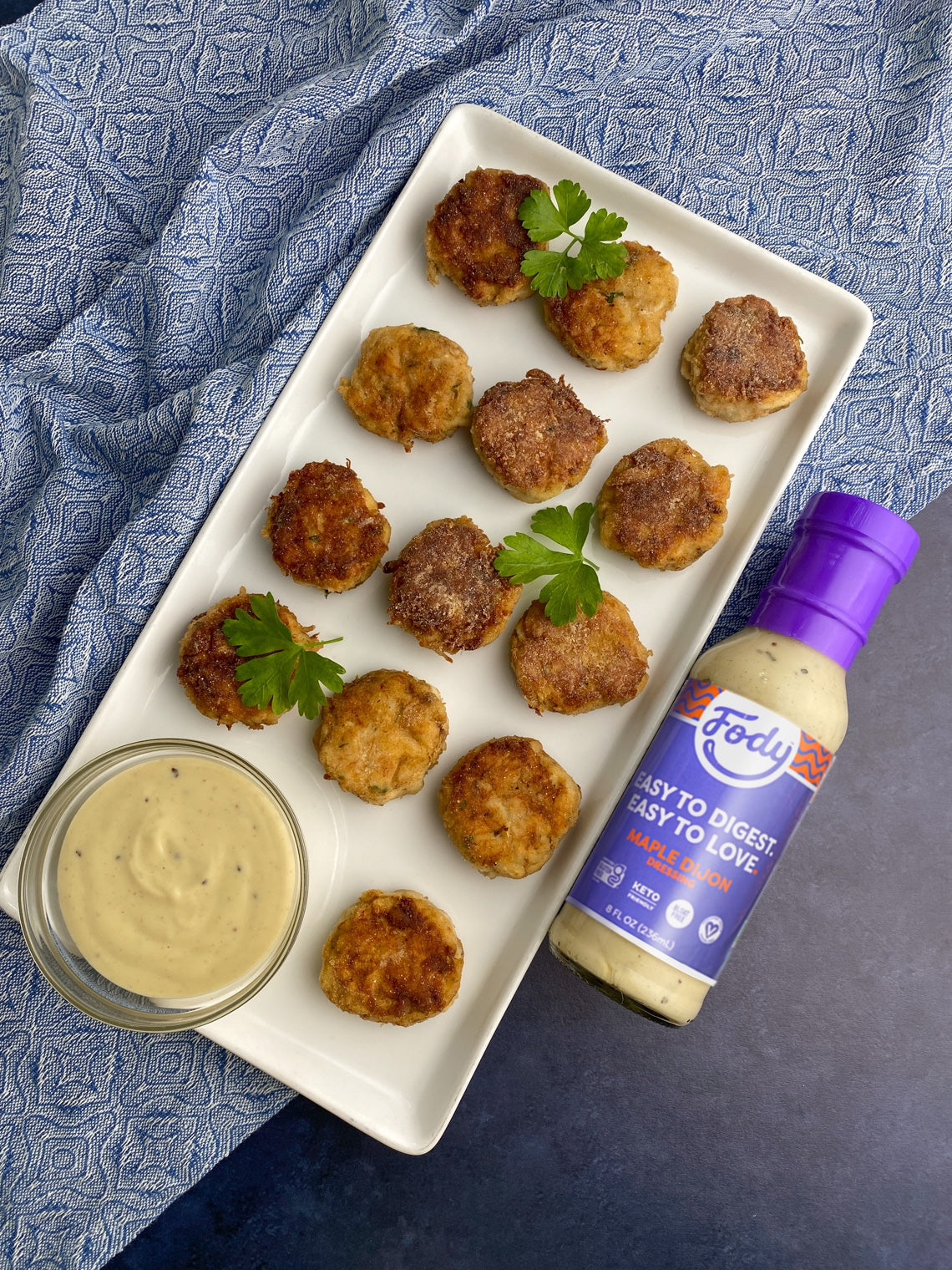 Mini Crab Cakes with Fody Maple Dijon Dip