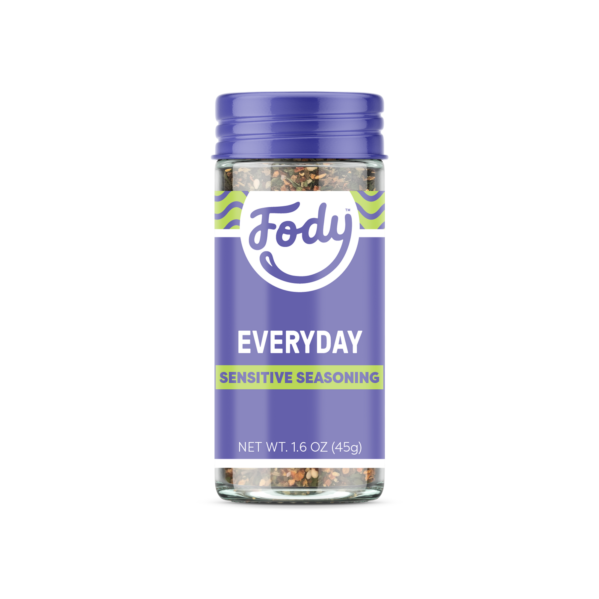 Glass jar of Fody Everyday Sensitive Seasoning with purple label, part of Fody Low FODMAP line for gentle, gut-friendly cooking.