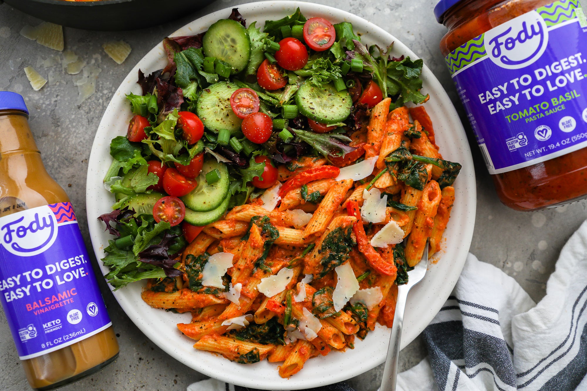 Fody's Creamy Tomato Pasta with Basil and Spinach