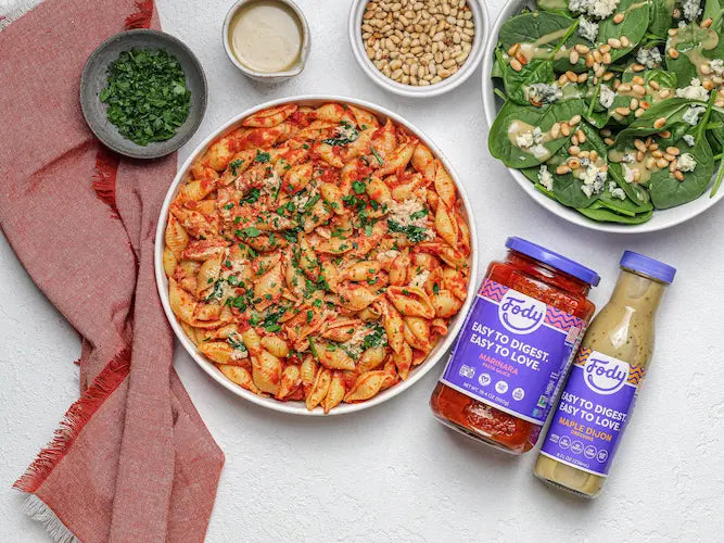 Fody’s Sun-Dried Tomato Pasta with Tofu Ricotta & Spinach Salad