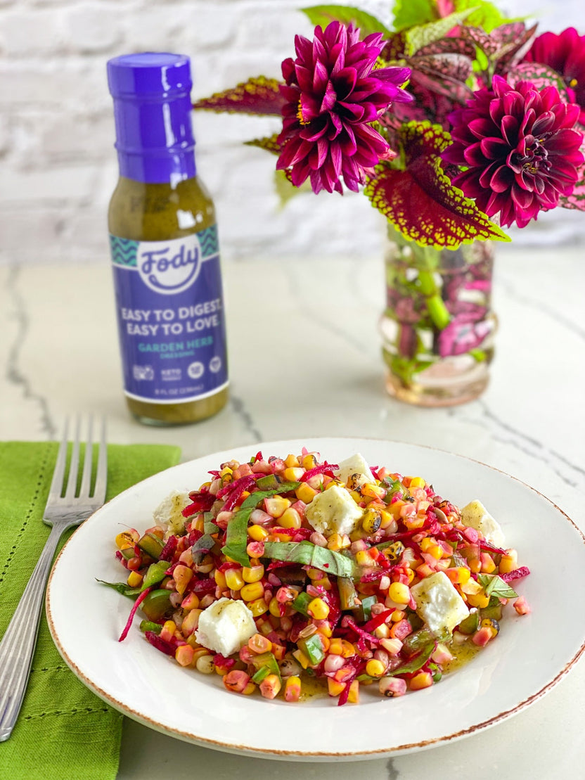 Low FODMAP Salad with Corn, Tomatoes, Beets, and Feta Fody FODY
