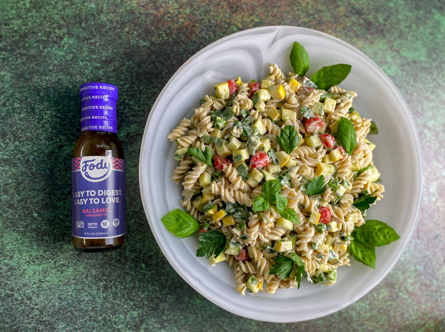 Fody pasta salad with creamy balsamic salad dressing