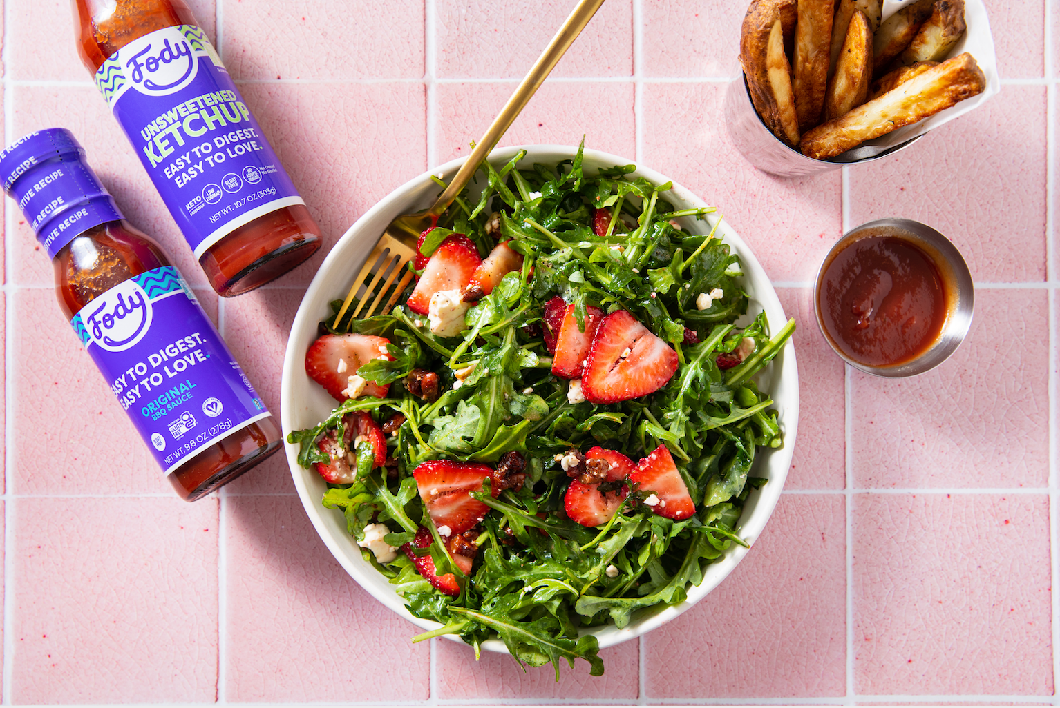 Fody’s Strawberry Arugula Salad with BBQ Toasted Pecans & Air Fryer Boardwalk Fries