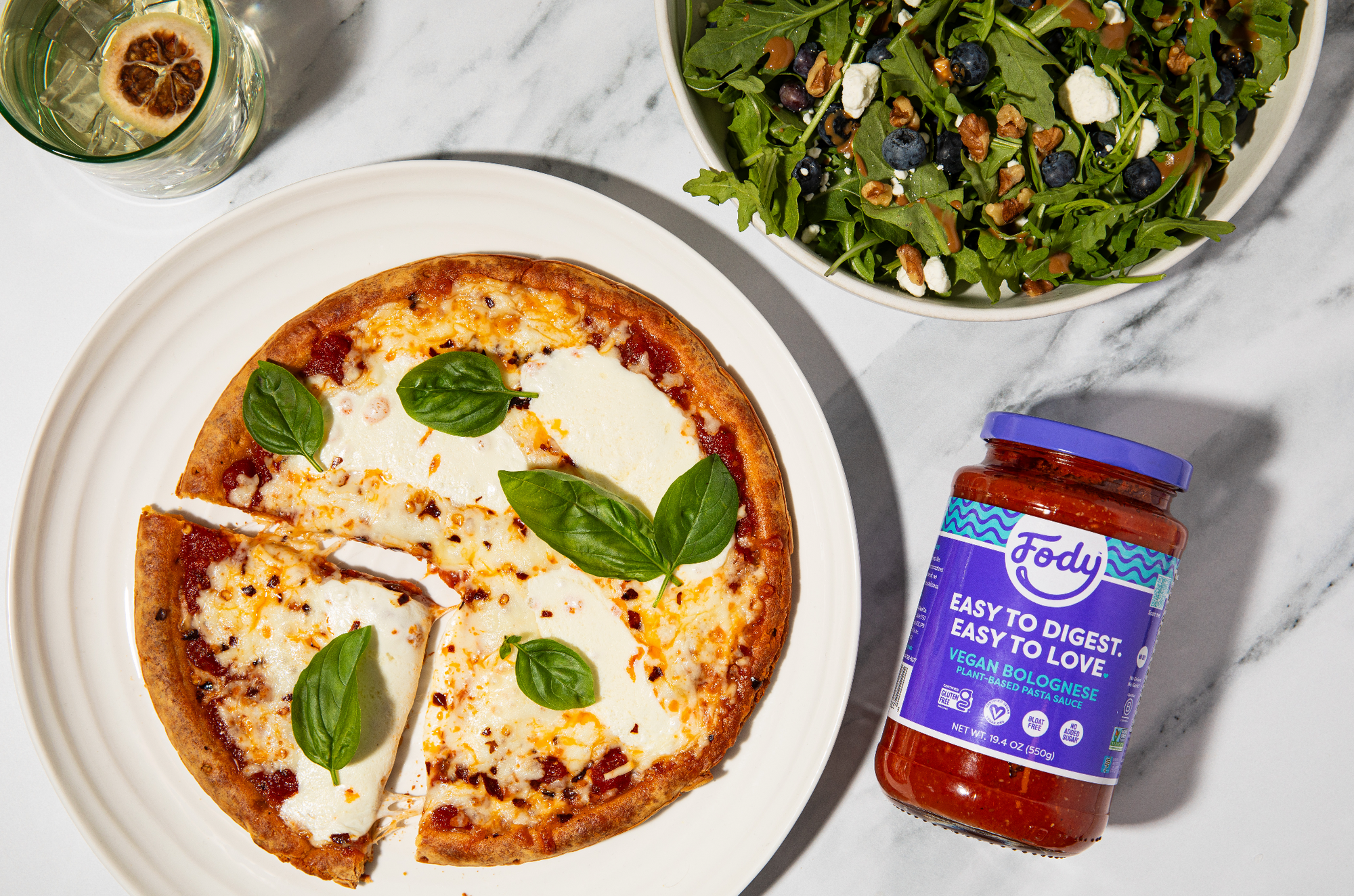 Fody’s Pizza Bolognese with Blueberry  Arugula & Goat Cheese Salad