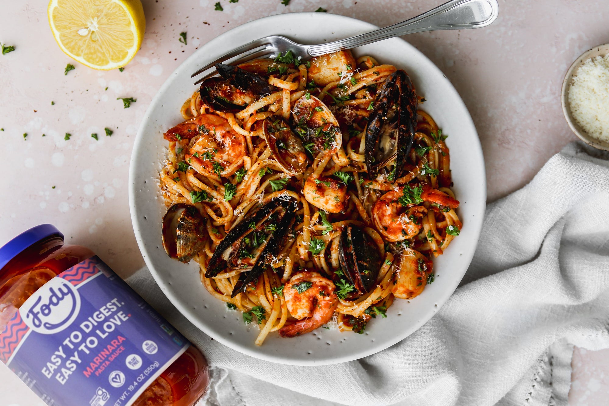 Fody gluten-free seafood linguine recipe with Fody marinara sauce