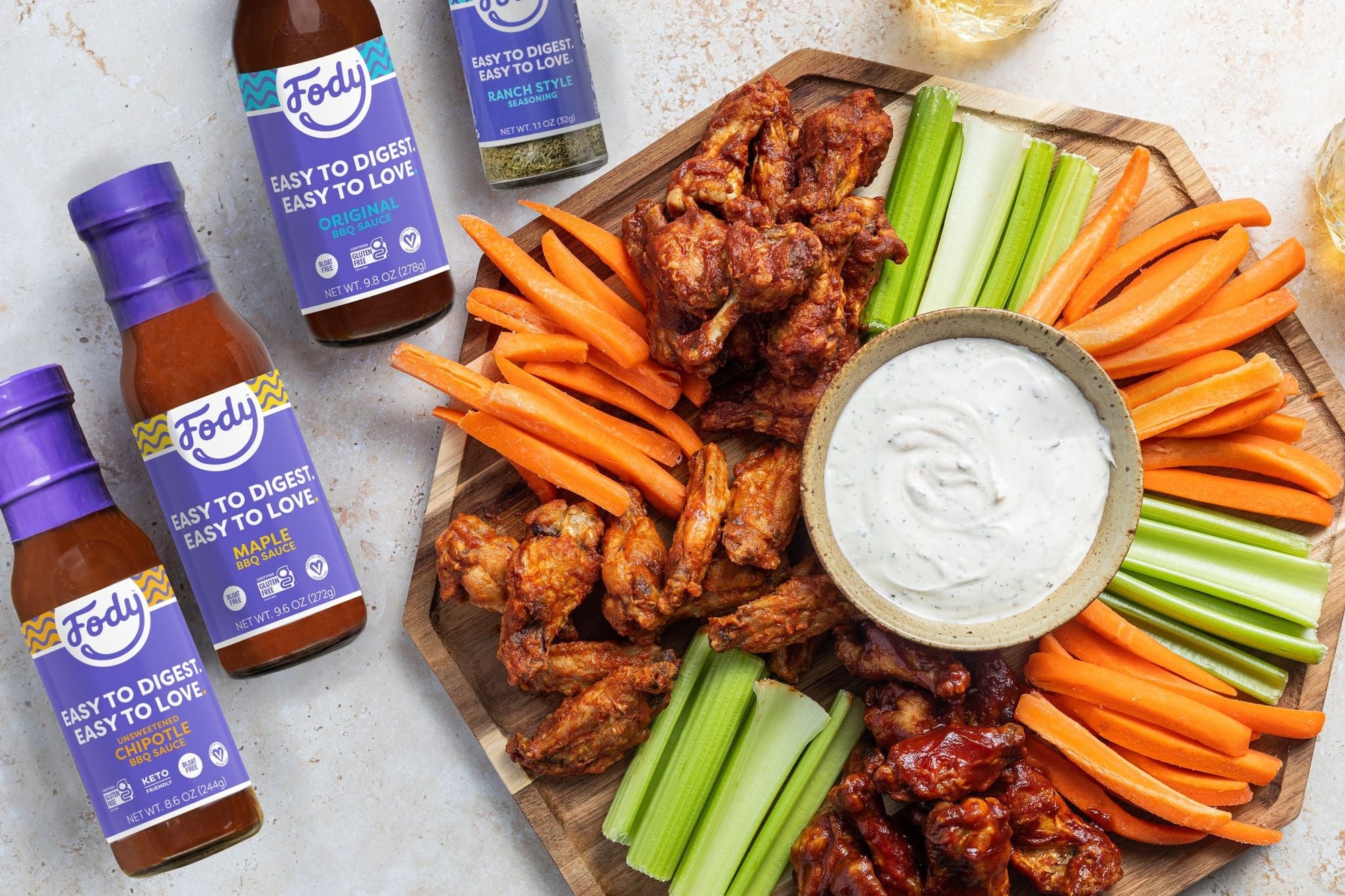 An image of Fody's air fryer bbq chicken wings with ranch dip