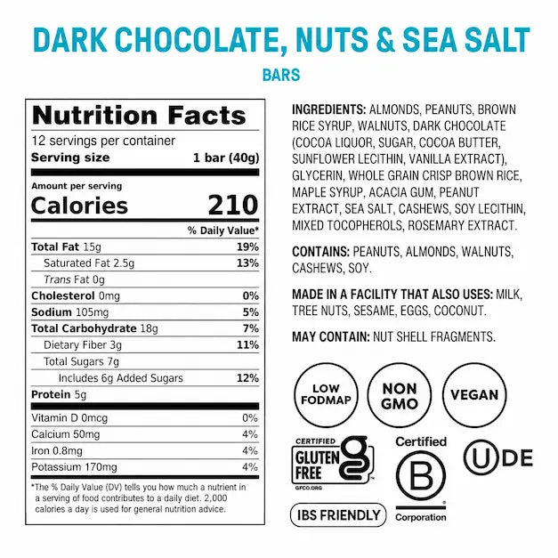 Dark Chocolate Nuts & Sea Salt Snack Bars - Box of 12